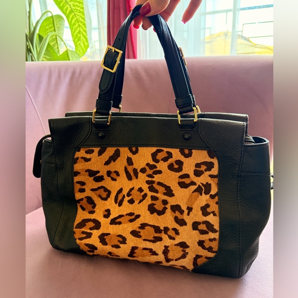 Ralph Lauren Black Leather Tote with Leopard Panel